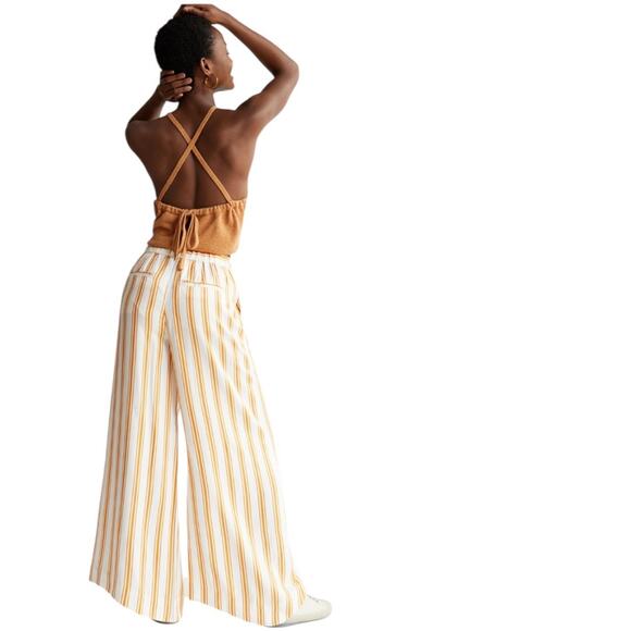 Anthropologie MAEVE Sunshine Wide Leg Satin Striped Pants Yellow White NEW 8 NWT - Picture 2 of 16